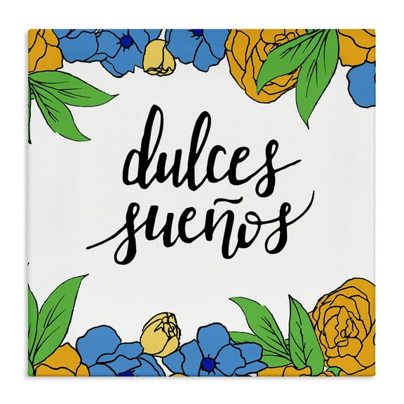 Stupell Industries Dulces Sueños Flores Tropicales Inspirational Quotes & Sayings Painting Wrapped Canvas Art Print Wall Art, 17 x 17