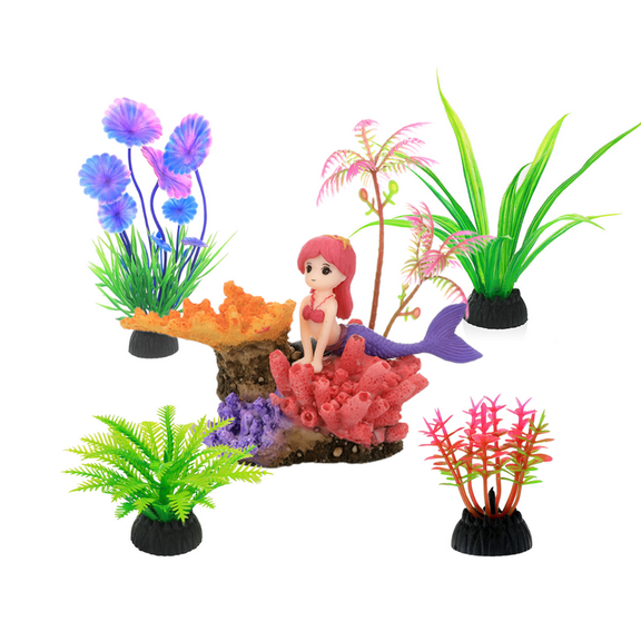 Coral Resin Aquarium Decor with 4 Realistic Seaweed Plants – Fish Tank Ornament for Home, Office, or Marine Theme Decor