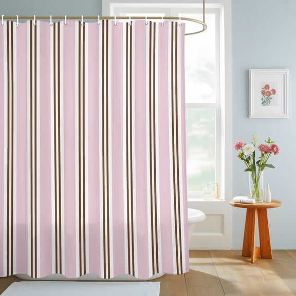 Pink Stripes Shower Curtain, Brown White Dusty Rose Lines Sweet Modern Waterproof Washable Shower Curtain for Bathroom Bathtub Partition Bath Decoration Set with Hooks 36x72in