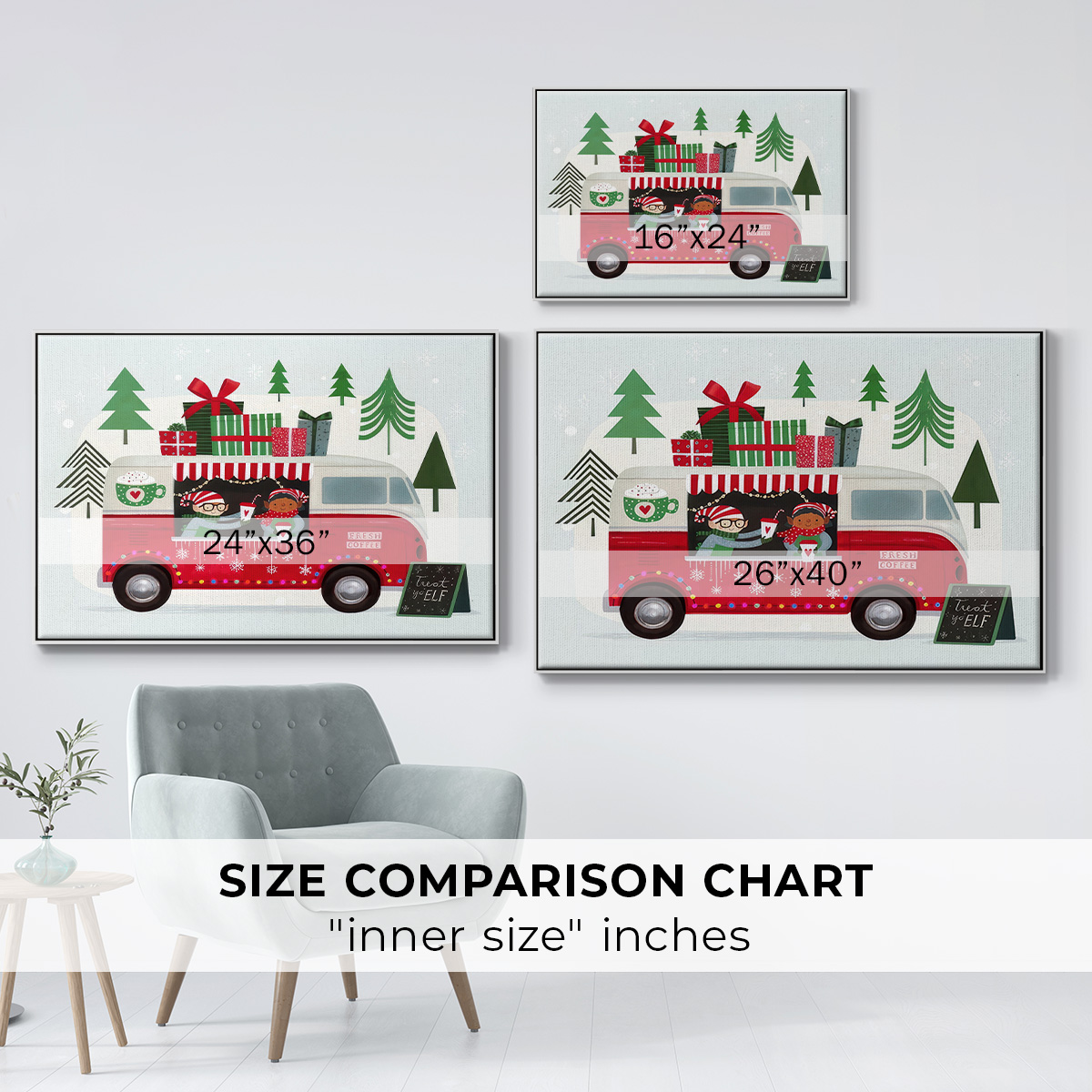 Santa's Foodtruck Collection A - Framed Gallery Wrapped Holiday Canvas - 27 x 41 - White Frame