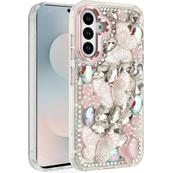 For Samsung s25 FE Lavished Floral Butterfly Bling Stones Hybrid Case - Pink