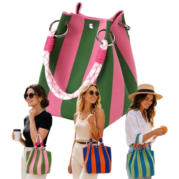 Boho Woven Polyester Bucket Bag, Mini Knit Shoulder Tote, Lightweight Travel & Beach Purse for Women