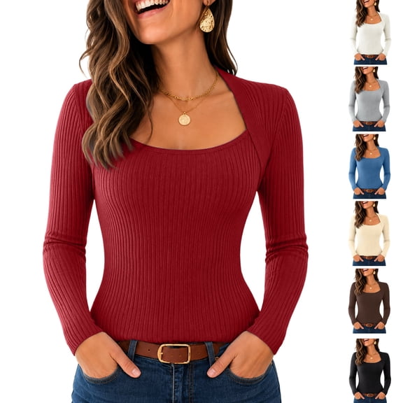 Kamentoy Womens Ribbed Long Sleeve Shirts Y2K Square Neck Slim Fit Tee Top | Casual Ribbed Knit Slim Fit Tops Fall Basic Business Work Tee