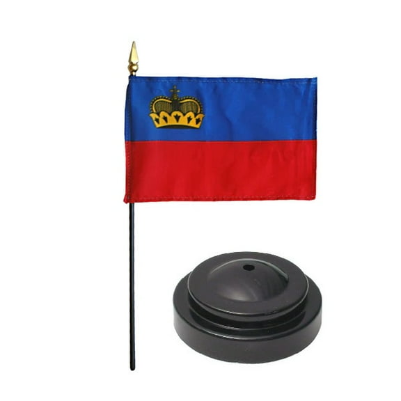 Liechtenstian Desk Flag with Base; American Made Rayon 4x6 inch Miniature Table Set Includes One Small Mini Country Stick Flags and One Black Stand (Liechtenstian Desk Flag and Base)