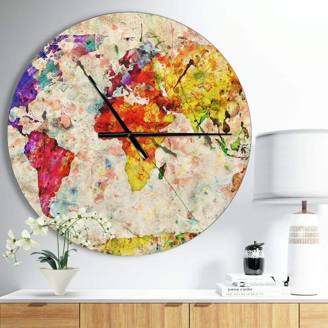 Designart Horloge Murale Moderne Aquarelle Carte du Monde Vintage