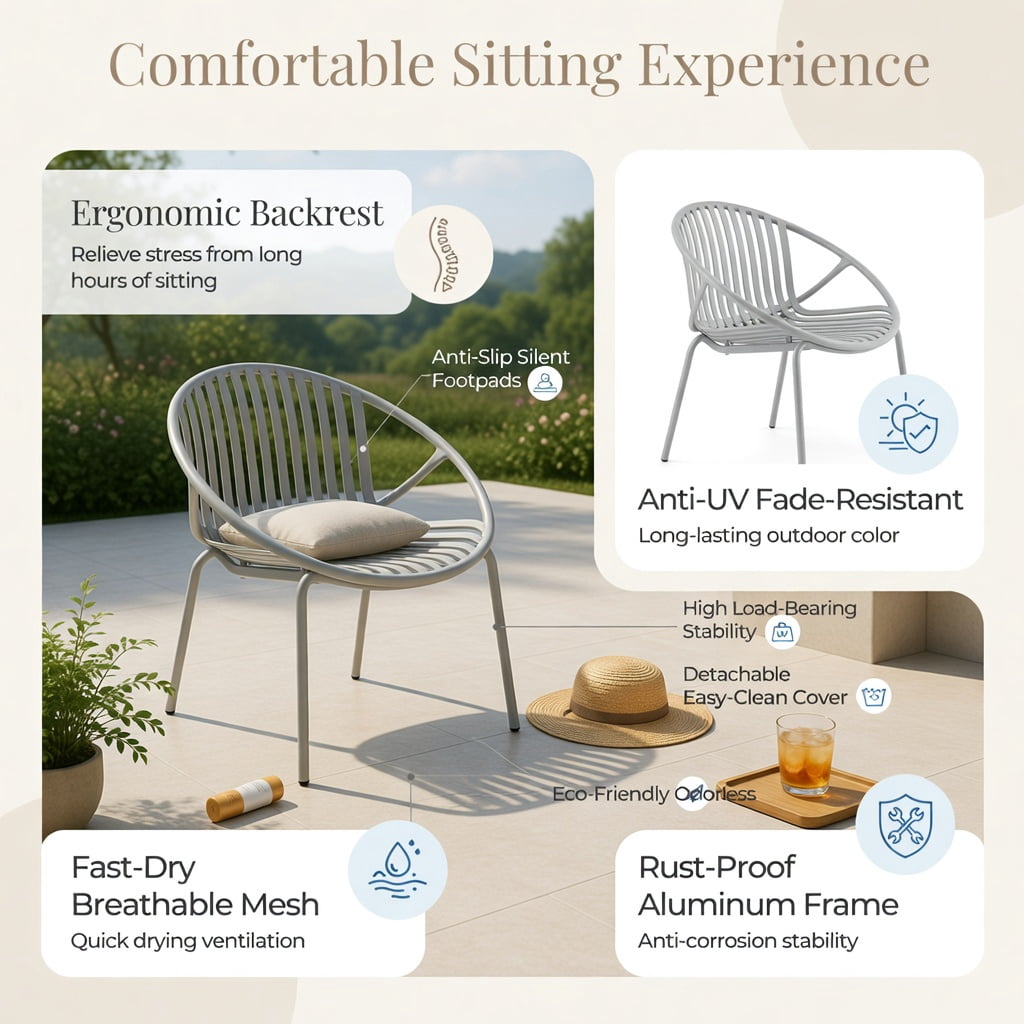 Hommoo All-Weather Outdoor Patio Conversation Set, 2 Ergonomic PP Chairs + Round Coffee Table, Heavy-Duty Metal Frame, Waterproof & UV-Resistant for Backyard, Poolside, Living Room, Gray