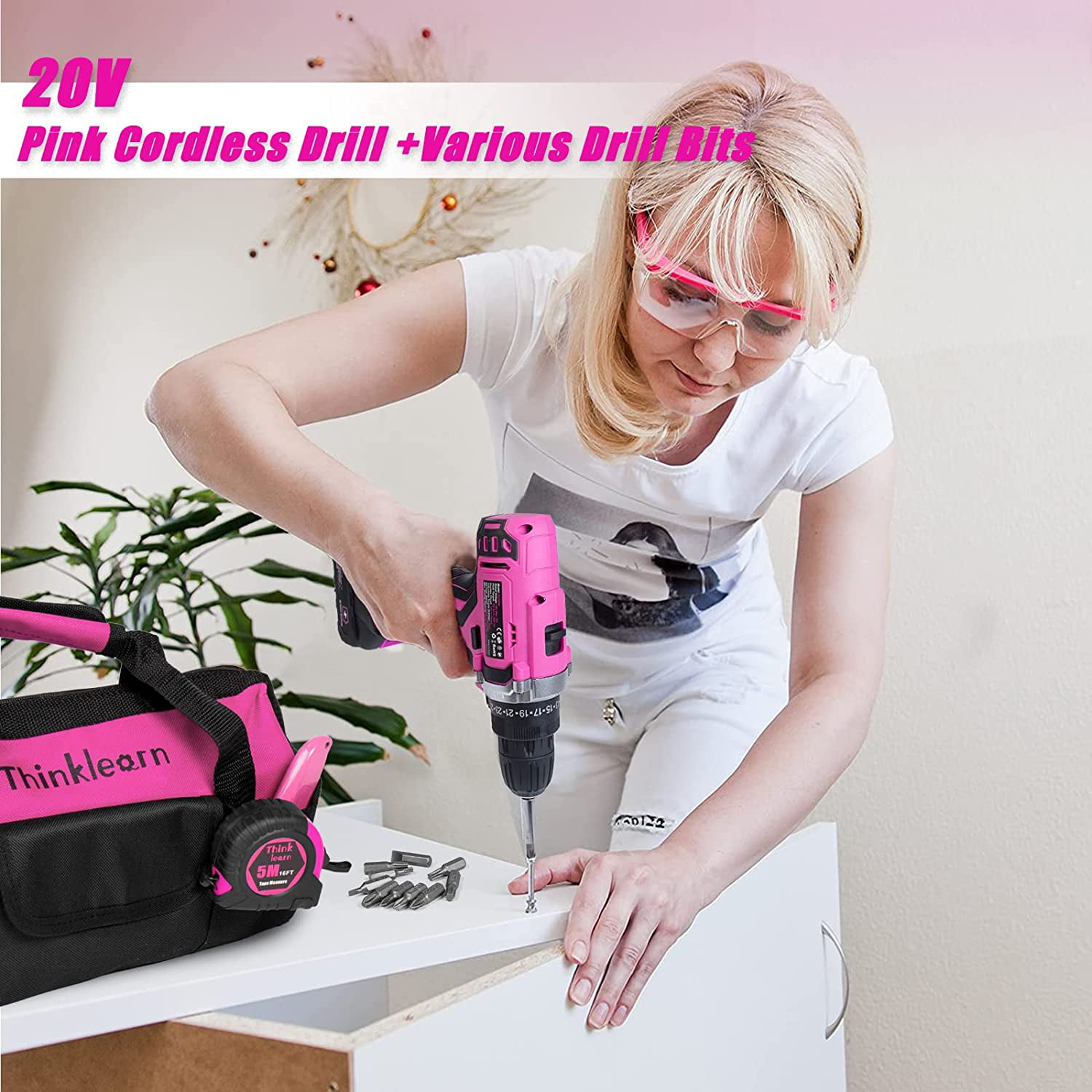 ThinkLearn 20V Pink Cordless Drill Tool Kit, 175-Piece Set photo 3