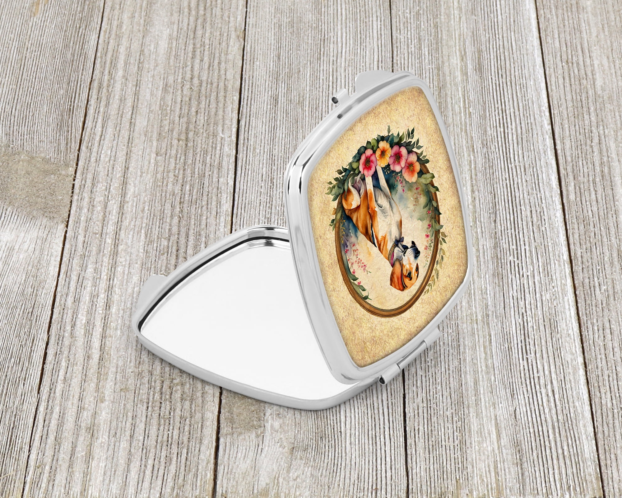 English Foxhound and Flowers Compact Mirror 2.75 in x 3 in