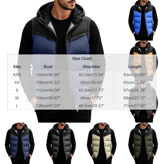 Mens Puffer Vest Zip Up Sleeveless Hooded Loose Fit Warm Jacket Fall Winter Outdoor Casual Outerwear Tops 2026