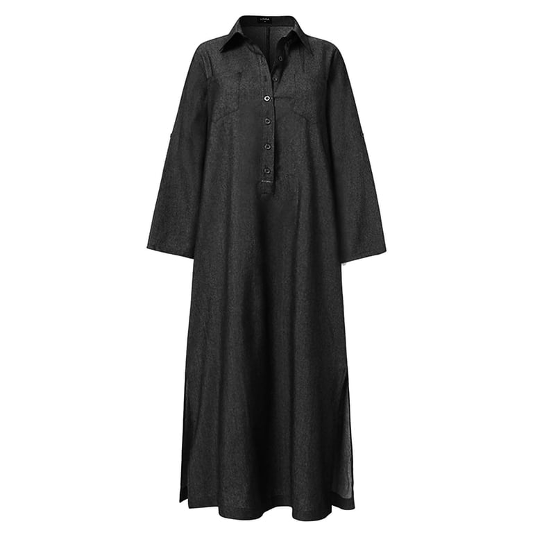 maxi black denim dress Brilliant Dresses for Women Womens Long Sleeve Lapel Button Solid Color Long Denim M its breathable and durable wo 3/9/25-3/15/25 Color:Red with Green Piping long black dress with denim jacket and sneakers Baby Dress Crochet Pattern