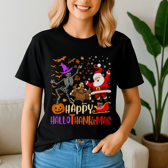Happy Hallothanksmas Tshirt, Halloween Thanksgiving Christmas Shirt, Holiday Season Tee, Turkey Gift, Vintage Ghost ,Merry Christmas