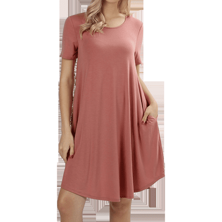 - Women Short Sleeve Round Hem A-Line Tunic Dress with Side Pockets