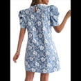 thumbnail image 3 of Vestido Corto Bohemio de Verano con Mangas Abullonadas y Estampado Floral para Mujer, Cintura Alta Azul L, 3 of 7