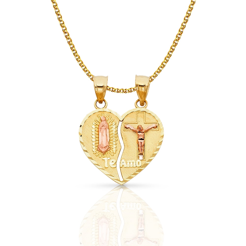 14K Yellow Gold Broken Heart Charm Pendant with 1.5mm Flat Open Wheat Chain Necklace