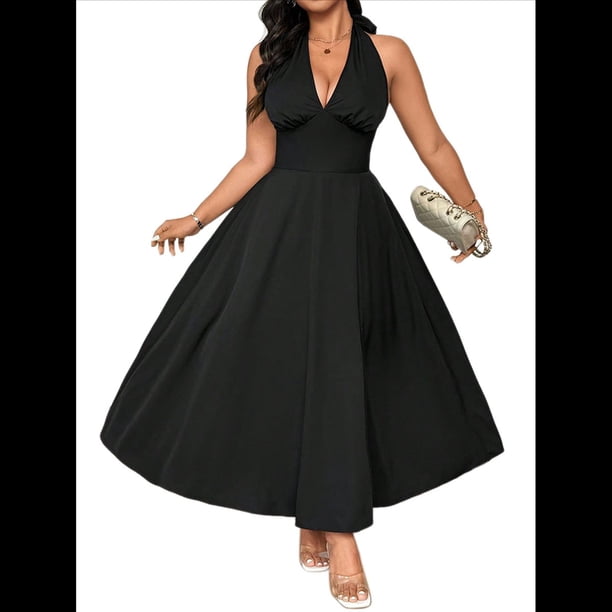 Vestido de Fiesta con Escote en V y Temperamento Francés para Mujer, Talla Grande Negro XXL