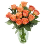 KaBloom Mother's Day Collection: Bouquet of 12 Fresh Orange Roses (Farm-Fresh, Long-Stem) with Vase