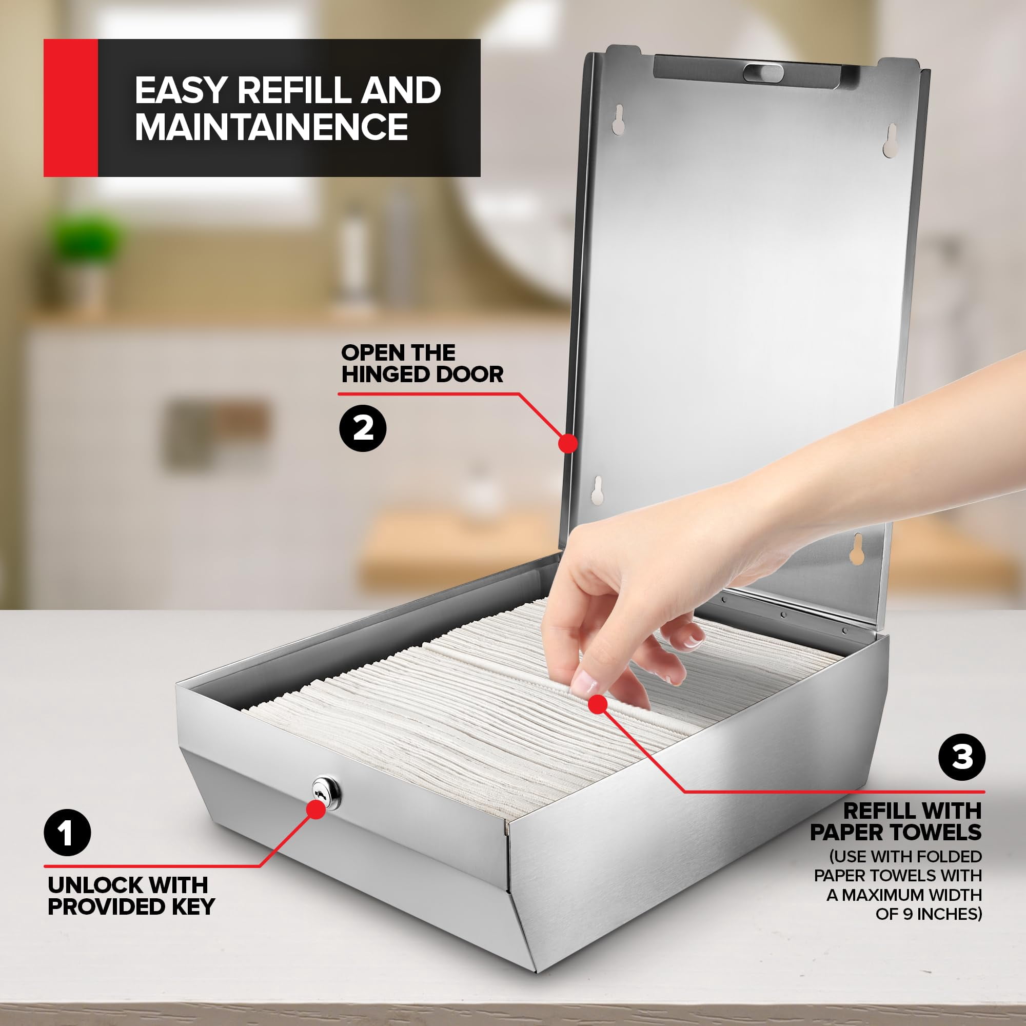Wall Mount Paper Towel Dispenser, Large Capacity Stainless Steel Hand Towel Holder for Bathrooms and Kitchens, Commercial Dispenser Holds 400 Towels