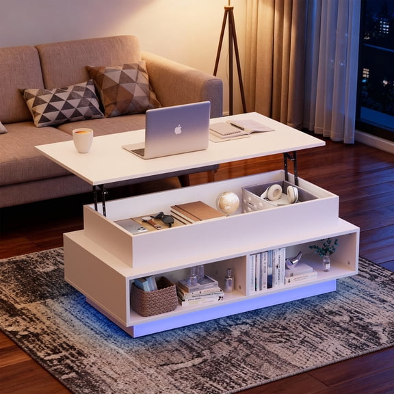 Vineego 40 Inch Modern Coffee Table with LED Lights, Lift Top and 4 Open Storage Shelves for Living Room,White