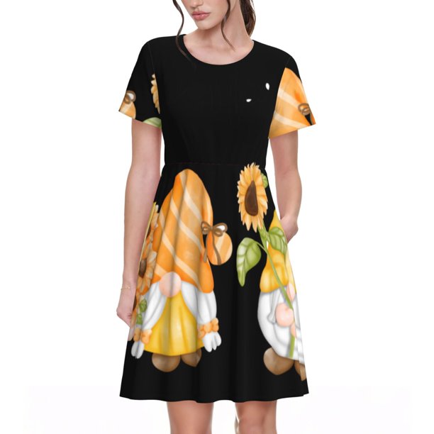 Fotbe Hello Spring Sunflower Gnomes Vestido Largo de Moda para Mujer, Vestido Tipo Camiseta con Manga Corta y Estilo Casual a Rayas y Bloques de Color