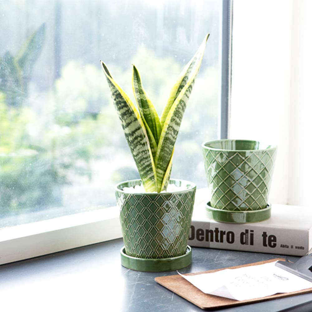 BUYMAX 5" Ceramic plant pots with drainage hole and tray, 4-Pack-4-patterns, gardening home desktop office windowsill decoration， patina flower pots indoor