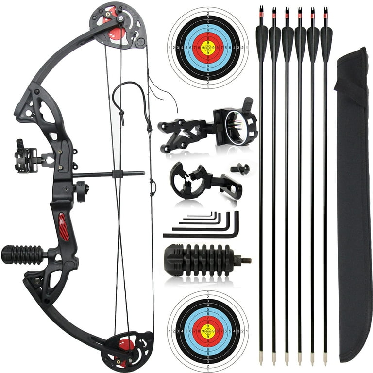 Archery Compound Bow and Arrow for Beginner and Youth，Bowfishing and  Hunting Bow Set, 260 fps，19”-28” Draw Length,15-29 Lbs Draw Weight, Package  with Archery Hunting Equipment-Black/Red/Blue 