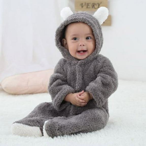 XMMSWDLA Solid Color Toddler Outfits Newborn Baby Girl Boy Cute Bear Ear Warm Fleece Hooded Jumpsuit Romper Snowsuit Gray Children’s Holiday Dress Outfits
