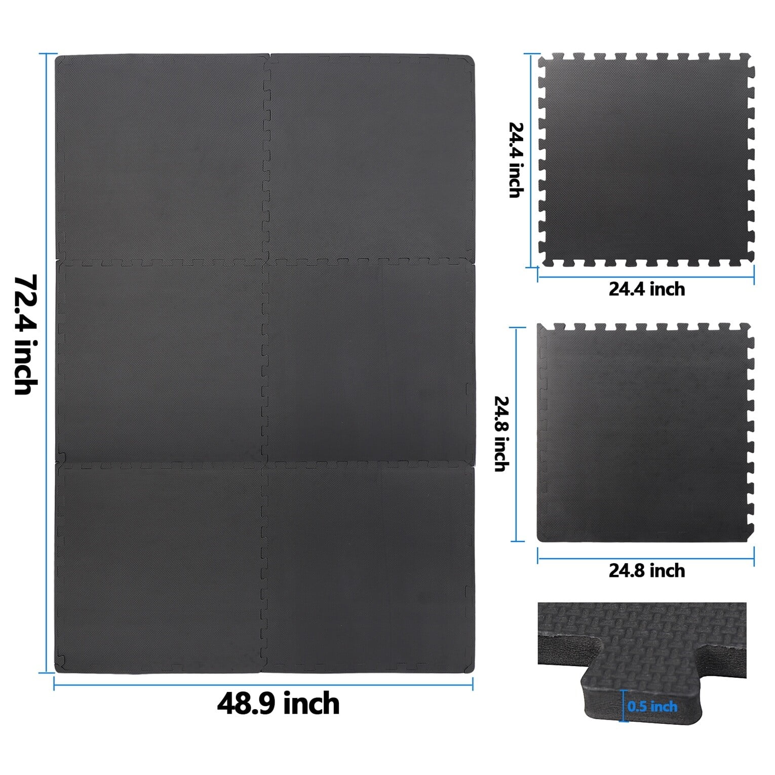 ZENSTYLE 24" X 24" Floor Mat Puzzle Exercise Mat EVA Training Interlocking Tile, 6 Pieces Black