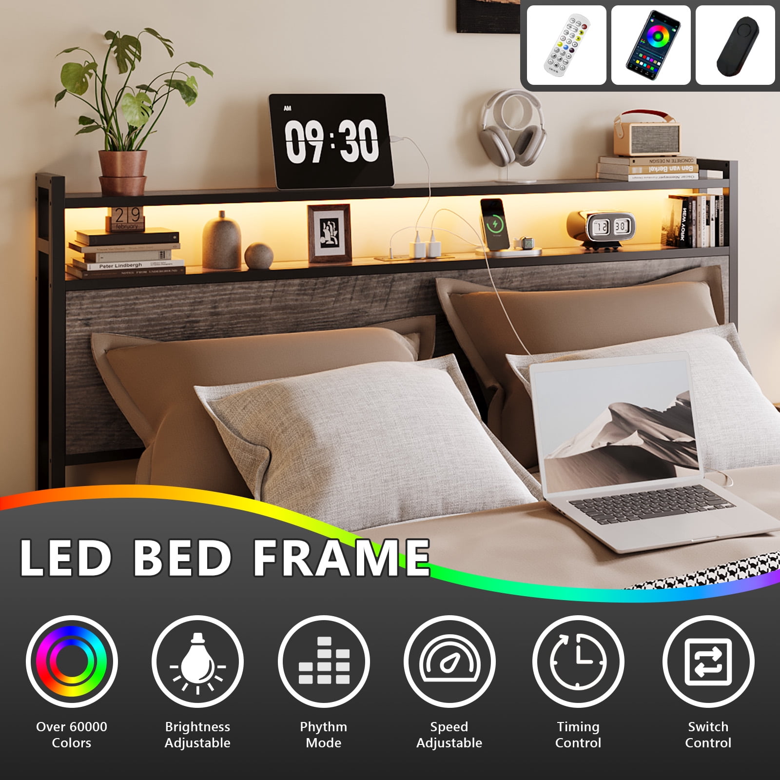 Zimtown King Bed Frame with 2-Tier Storage Headboard, Metal Platform Bed Frame with 4 Storage Drawers, Built in Charging Station & LED, Gray