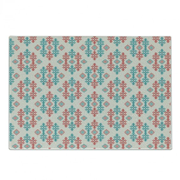 Ethnic Cutting Board, Traditional Local Design Elements, Decorative Tempered Glass Cutting and Serving Board, Small Size, Coral Turquoise White, by Ambesonne