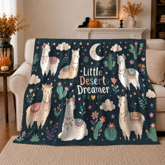 Little Desert Dreamer Cute Llama Alpaca, Festive Holiday Scene, Warm Flannel Blanket for Living Room and Family Room, Art Lovers Christmas Gift, Festive Home Decor