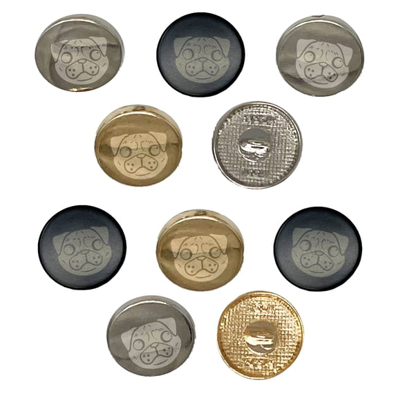Pug Face Set of 10 Metal 0.6" (15mm) Sewing Shank Round Buttons - Silver Color
