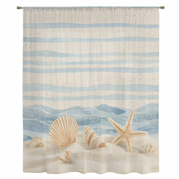 Nautical Coastal Sheer Curtains 54" Long, Ocean Beach Starfish Shells Conch Waves Beige Light Filering Curtains, Breathable Simi Curtain Privacy Drapes for Kitchen Bathroom Small Window Treatment