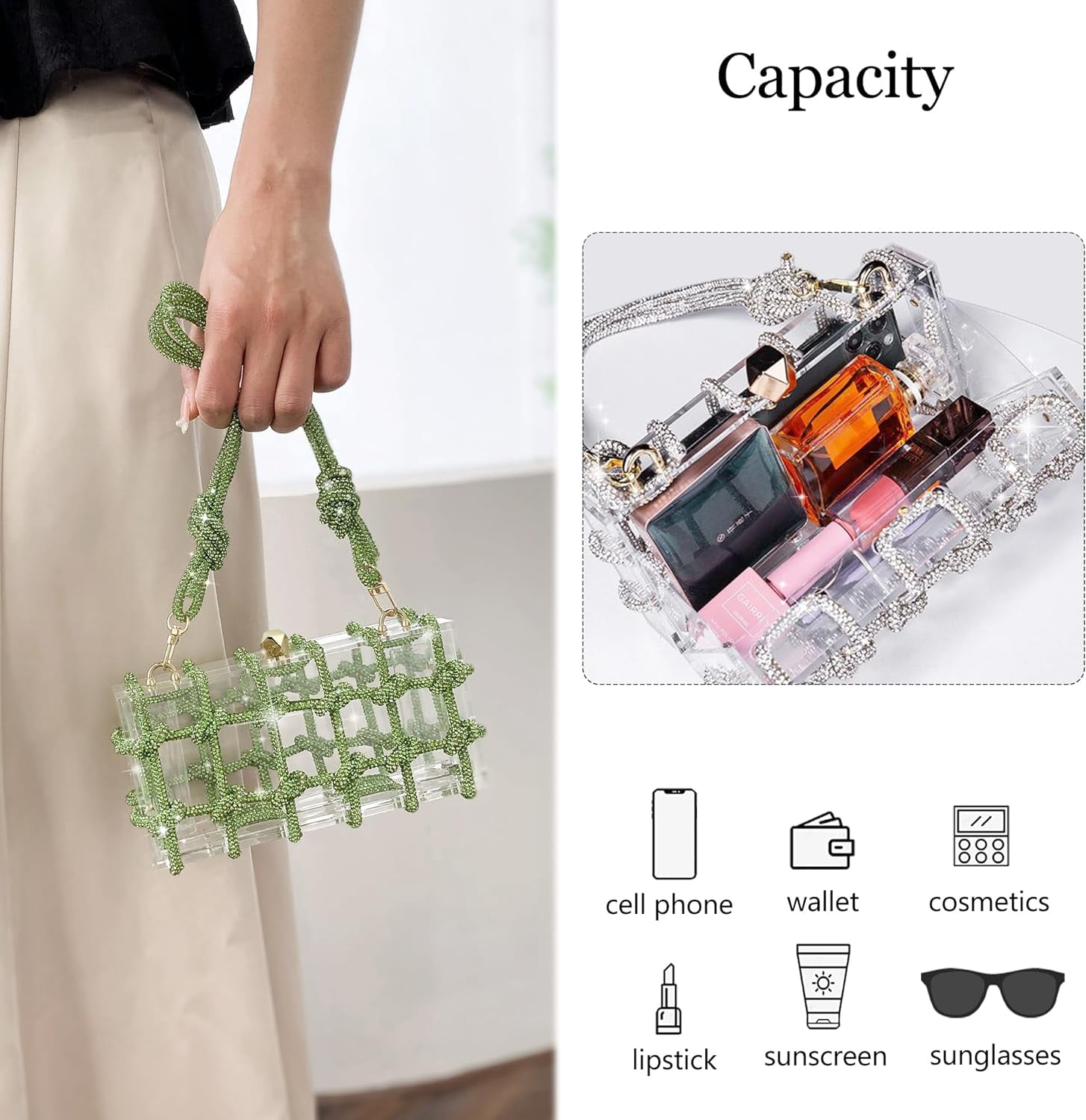 SQDWYGG Clear Acrylic Purse Bag with Rhinestones Clutch Purse Evening Clutches for Wedding and Party,1,1,1,Green,Acrylic,Green,Top-Handle Bag,Small