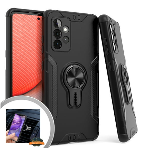 Xpression Case for Samsung Galaxy A72 5G Shockproof Adsorption Hard Rugged Armor Ring Holder & Air Vent Car Mount Clip with Kickstand Phone Cover [Black]