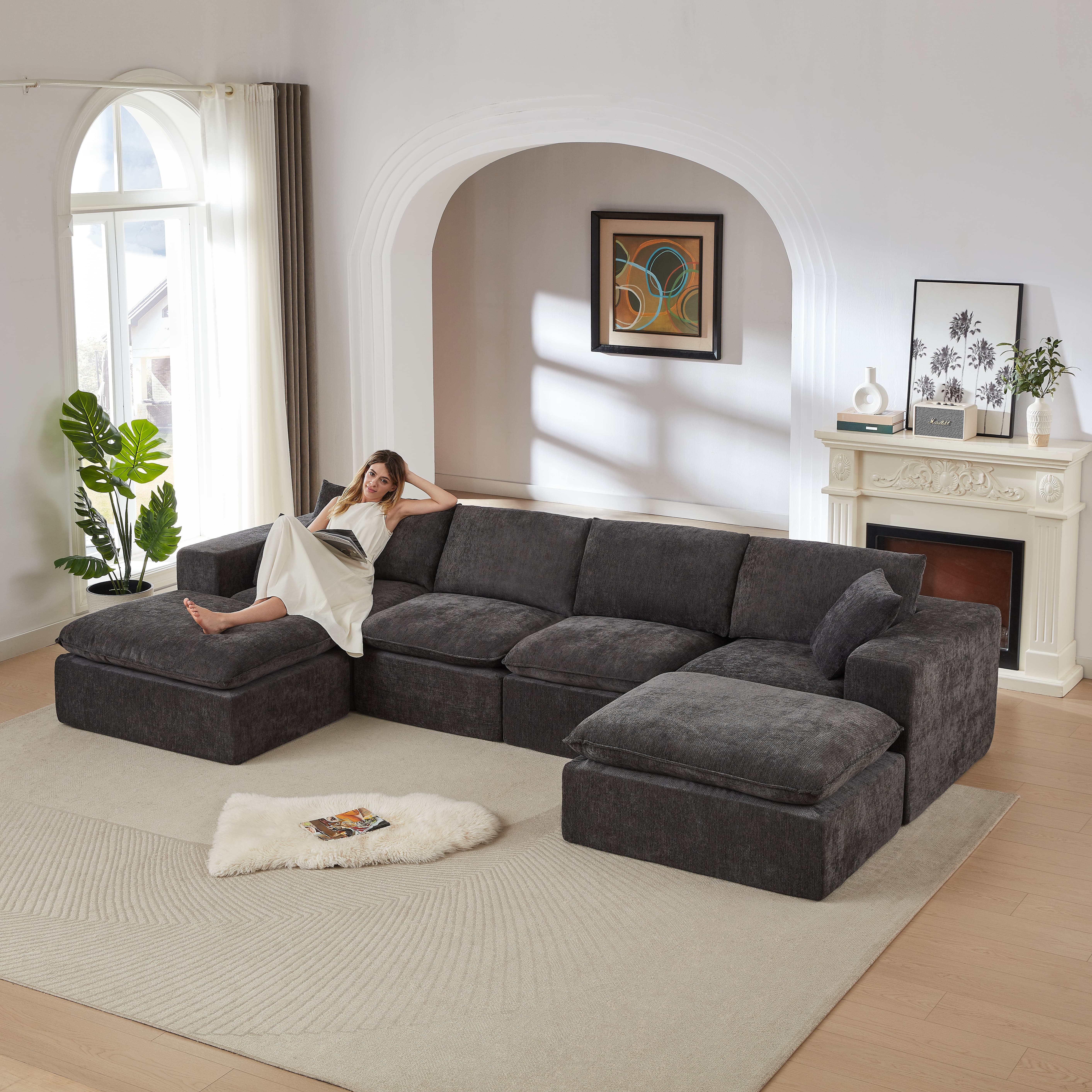 MAYEERTY Modern Modular Chenille Sofa, Dark Gray Cloud-Soft Sectional Couch for Living Room