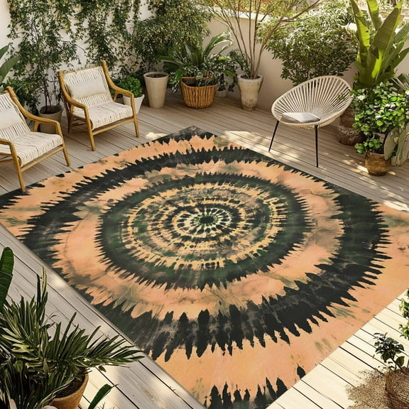 Fsddascl Orange Dark Green Outdoor Rug for Patio/Deck/Porch, Non-Slip Large Area Rug 6 x 9 Ft, Watercolor Abstract Art Ethnic Indoor Outdoor Rugs Washable Area Rugs, Reversible Camping Rug Carpet