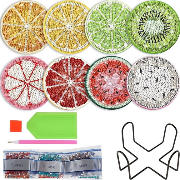 Gpoty 13Pcs Diamond Painting Coasters Kit with Holder,5D DIY Fruit Pattern Art Diamond Painting Cup Mat Kits,Decorative Art Cup Coaster Round Tabletop Protection Coaster DIY Coater Craft