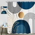 thumbnail image 2 of Navy Blue Boho Modern Shower Curtain Blue and Gold Mid Century Bohemian Plant Minimalist Leaves Geometric Neutral 72Wx72L Inch Bathroom Set Bath Curtain Bathtub Accessories Home Decor, 2 of 6