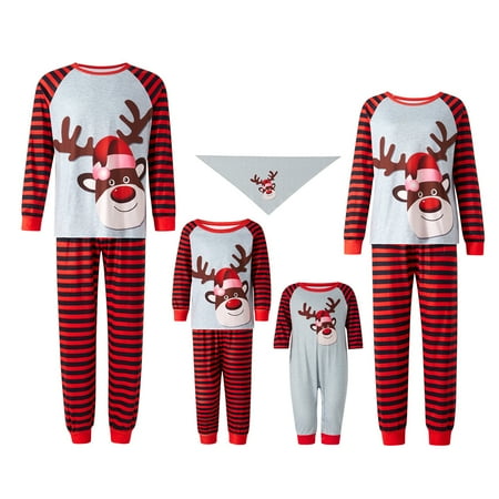 

FOCUSNORM Parent Child Pet Pajama Set Christmas Cartoon Elk Print Long Sleeve Tops And Striped Pants