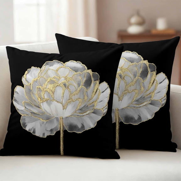 Pack of 2 Outdoor Pillow Covers 20x20 Inch Waterproof Flower Black Throw Pillow Covers,Decorative Couch Pillow Shams Protectors Gold White Abstract Floral Aesthetic Patio Pillowcases Cushion Covers