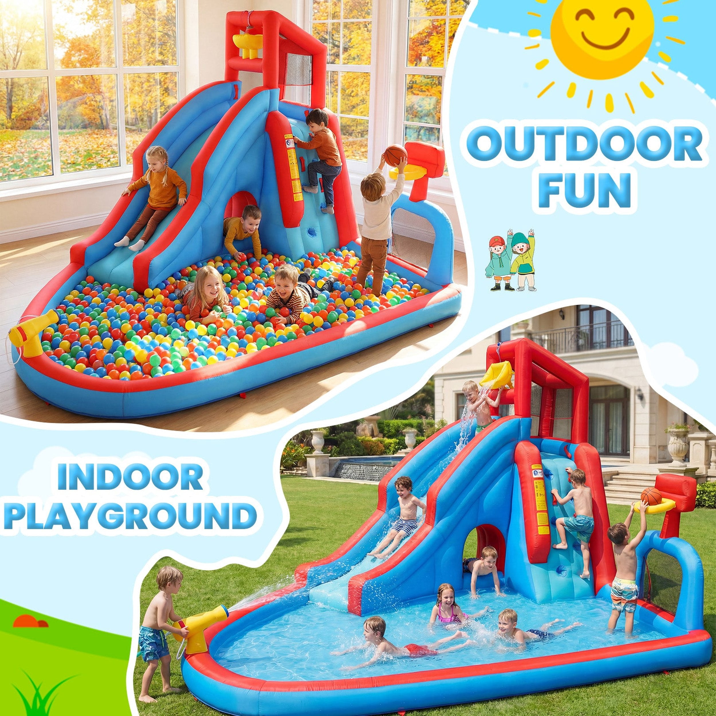 Funcid Water Slide Inflatable Bounce House - Kids Backyard Water Park with Climbing Wall, Long Slide, Pool & Basketball Hoop