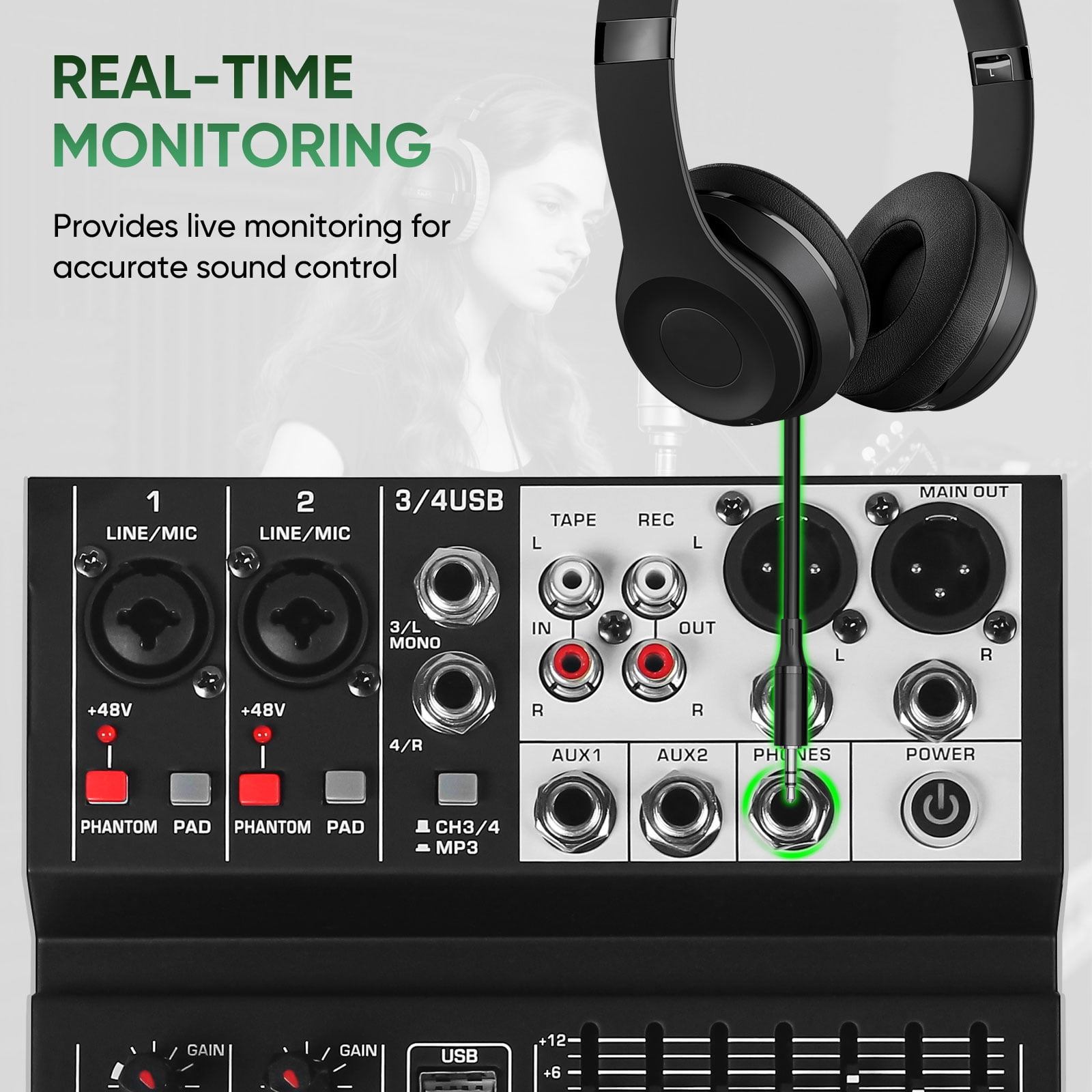 Audio Mixer 4 Channel Sound Mixer Console, Professional Music Mixing Board DJ Mixer w/ 99 DSP, 7-band EQ, USB, Bluetooth, 48V Phantom Power & PAD Function for Recording PA Live Live Streaming