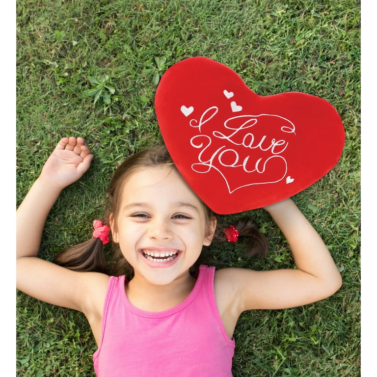 DolliBu I Love You Plush Red Heart Pillow Fluffy Decorative Stuffed Heart Plush for Anniversary Valentines Day and Special Occasions Cute Plush
