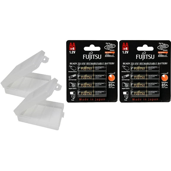 8 Fujitsu Ready-to-Use AA Rechargeable NiMH 1.2V Min. 2450mAh Batteries - with Battery Holder