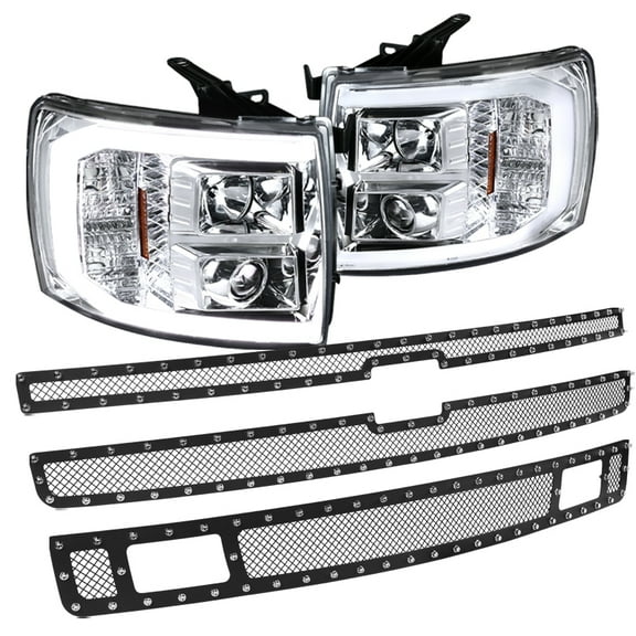Spec-D Tuning LED Light Bar Chrome Housing Clear Lens Projector Headlights   3 piece Rivet Mesh Grille Pair Compatible with 2007-2014 Chevrolet Silverado Left   Right Pair Headlamps Assembly
