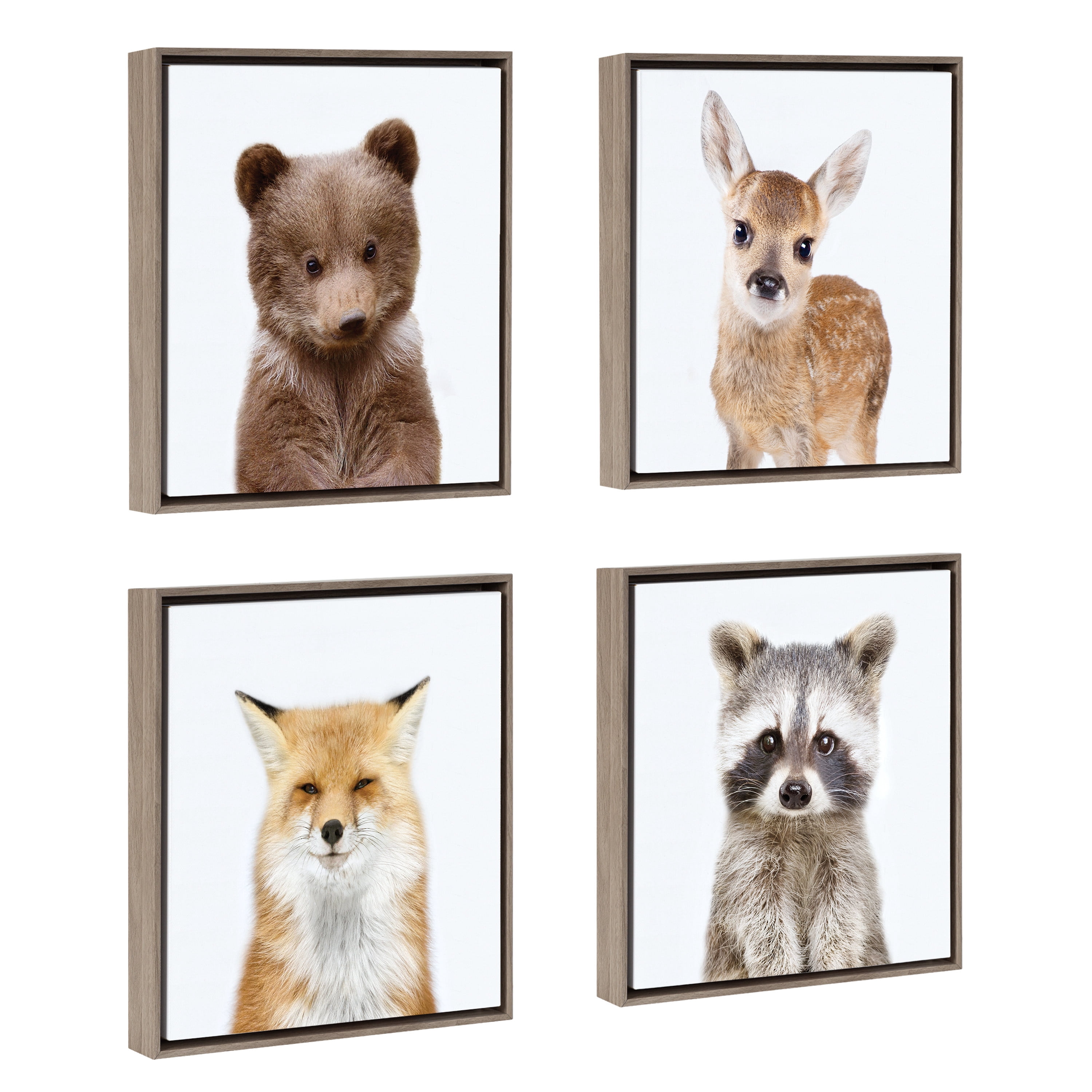Kate and Laurel Sylvie Woodland Animals Collection Framed Canvas Wall Art by Amy Peterson Art Studio, Set of 4, 13x13 Gray, Decorative Animal Art for Wall