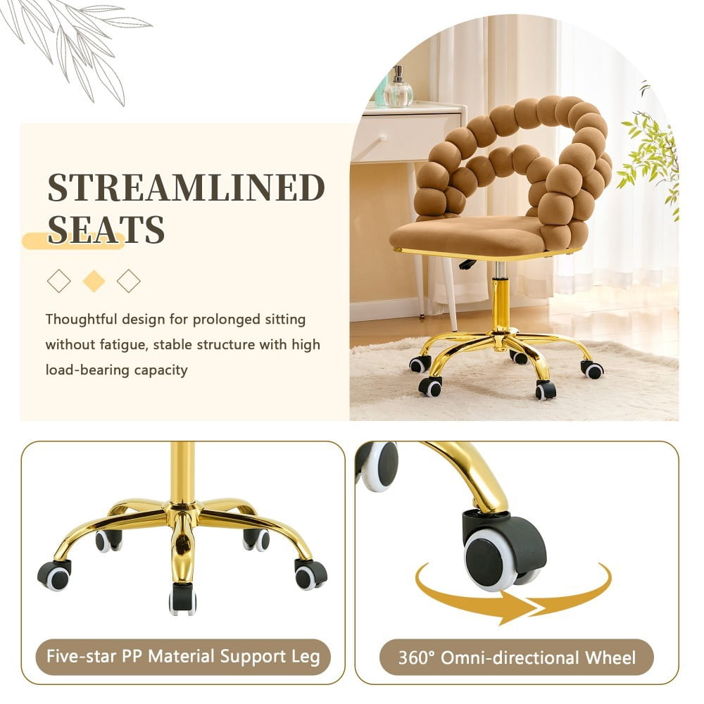 Velvet Office Chair, Adjustable Swivel Desk Chair with Bubble Back, Gold Metal Base, Rolling Vanity Chair for Home Office, Bedroom & Makeup Room, Brown