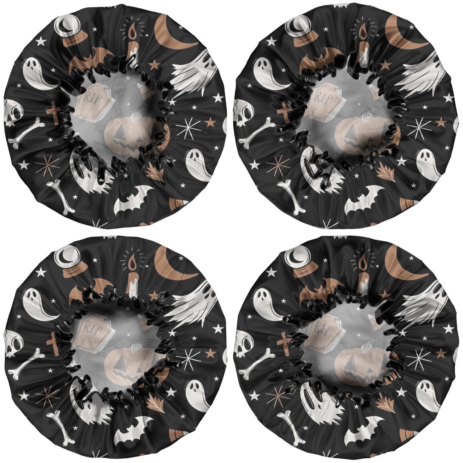 Shower Caps,Vintage Halloween Pattern Waterproof Shower Cap for Women 4 Pieces,Double Reusable Hair Cover for Shower PEVA Elastic Stretch Hem