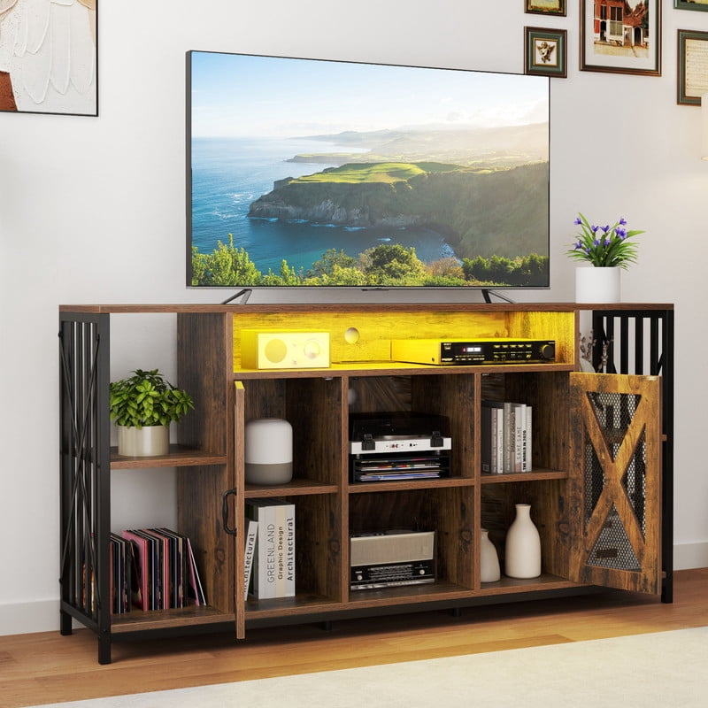 Uforic LED TV Stand for 70/65 Inch TV, Large Media Console Cabinet with Power Outlets, Rustic Brown