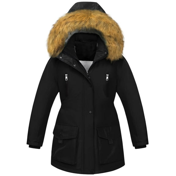 Chrisuno Girls Winter Coats Waterproof Long Length Puffer Jacket Soft Fleece Lined Outdoor Winter Parka With Hood Black 4-5